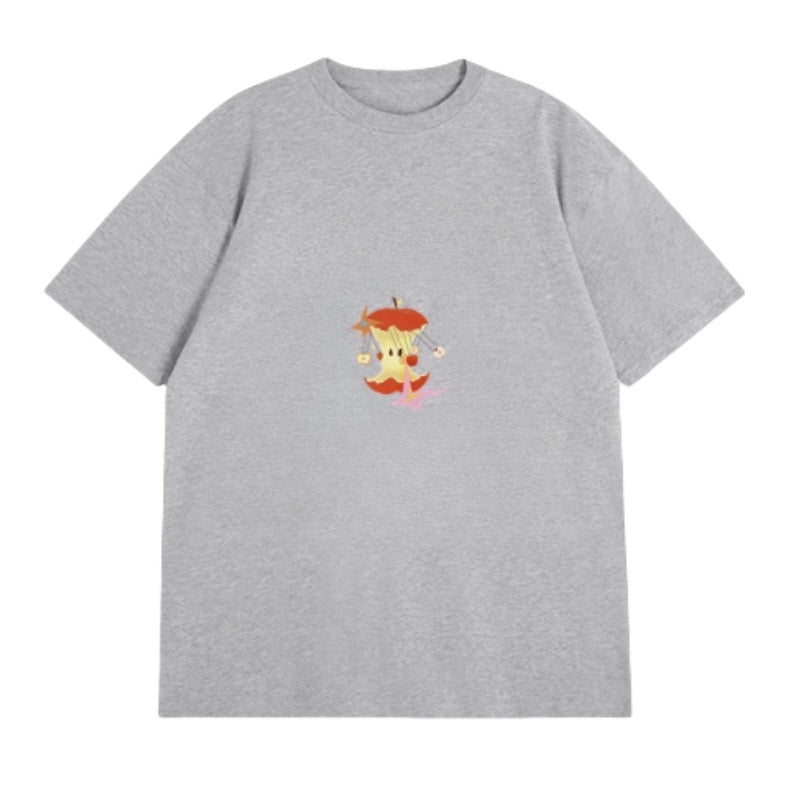 Cartoon Apple Print Gray T-Shirt